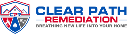 Logo for Clear Path Remediation, featuring a shield with house and disaster icons, with the company name in blue and red.