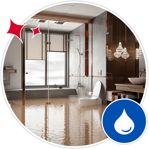 A modern bathroom floor is flooded with water, with a droplet icon in the corner.