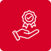 White icon of a hand holding a quality seal with a checkmark on a red background.