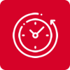 White icon of a clock with a circular arrow overlay, centered on a red square background.