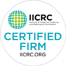 Circular IICRC Certified Firm logo with a green and blue globe icon and text on a white background.