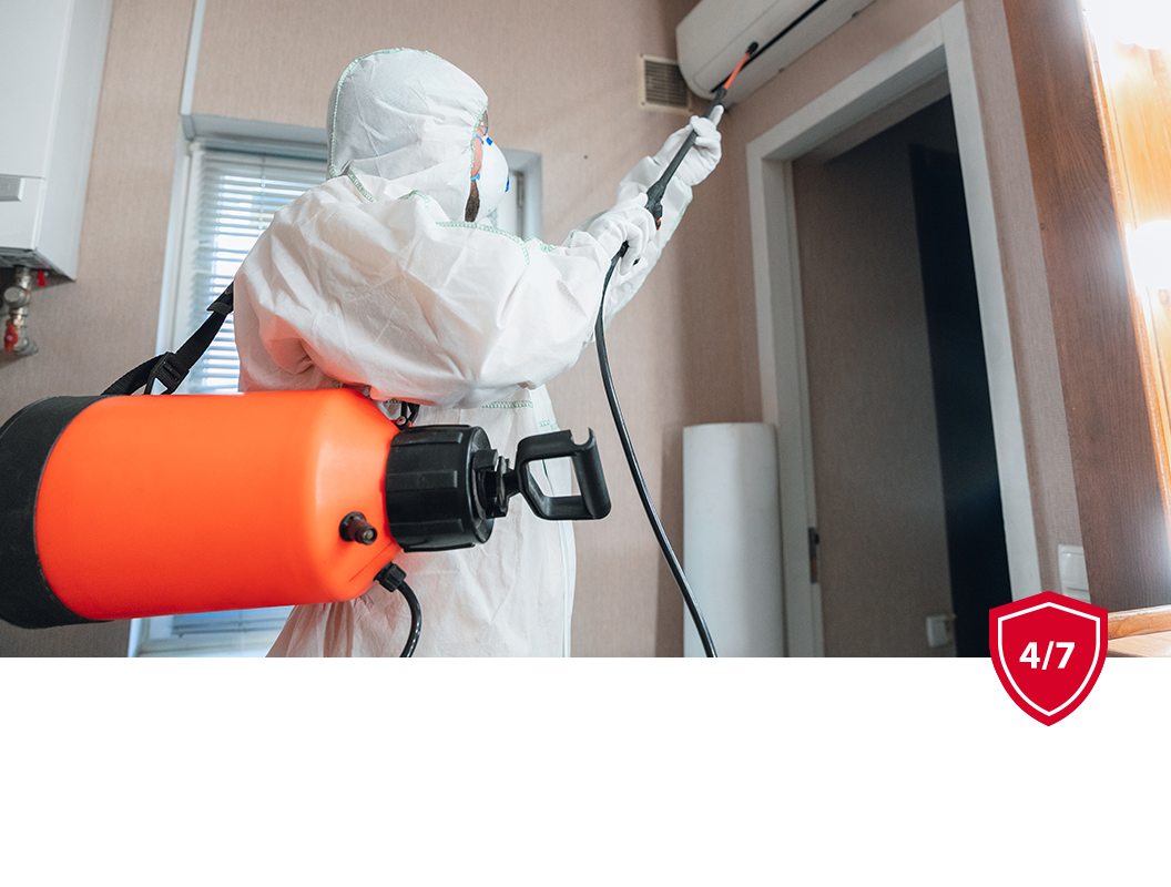 A professional in a white protective suit uses a pressurized orange sprayer to disinfect an indoor air conditioner.