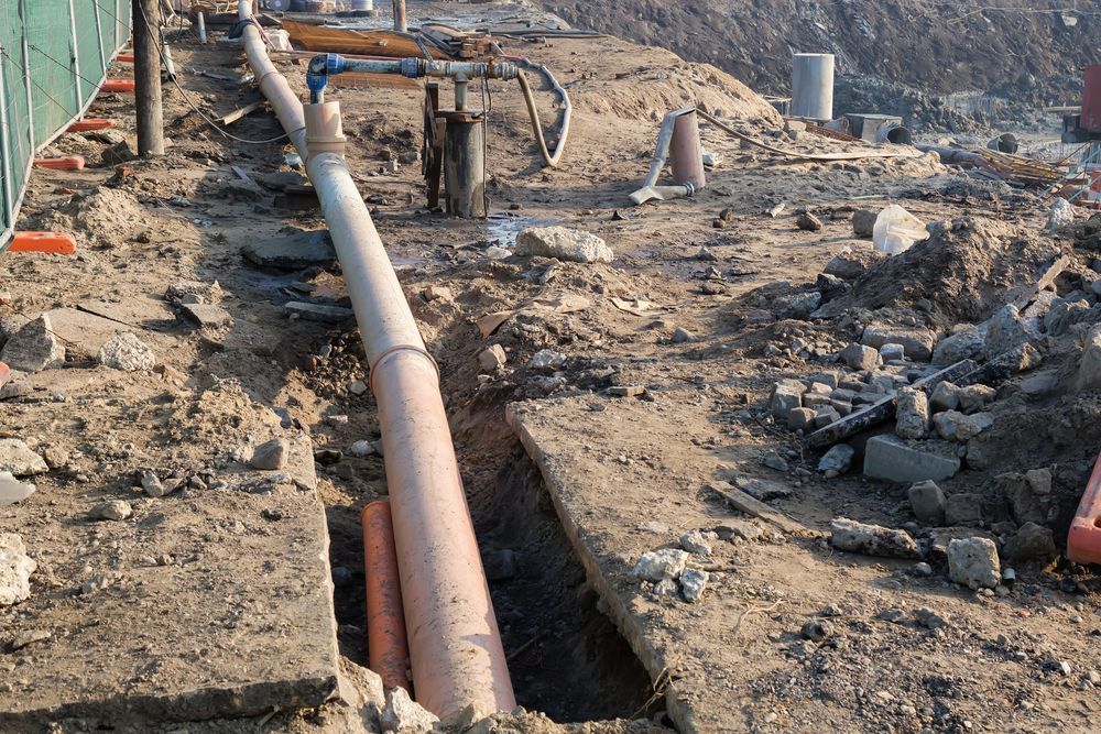 Construction Site With an Exposed Trench, Pipes, and Debris — Ian Stanley Plumbing In Avoca, QLD