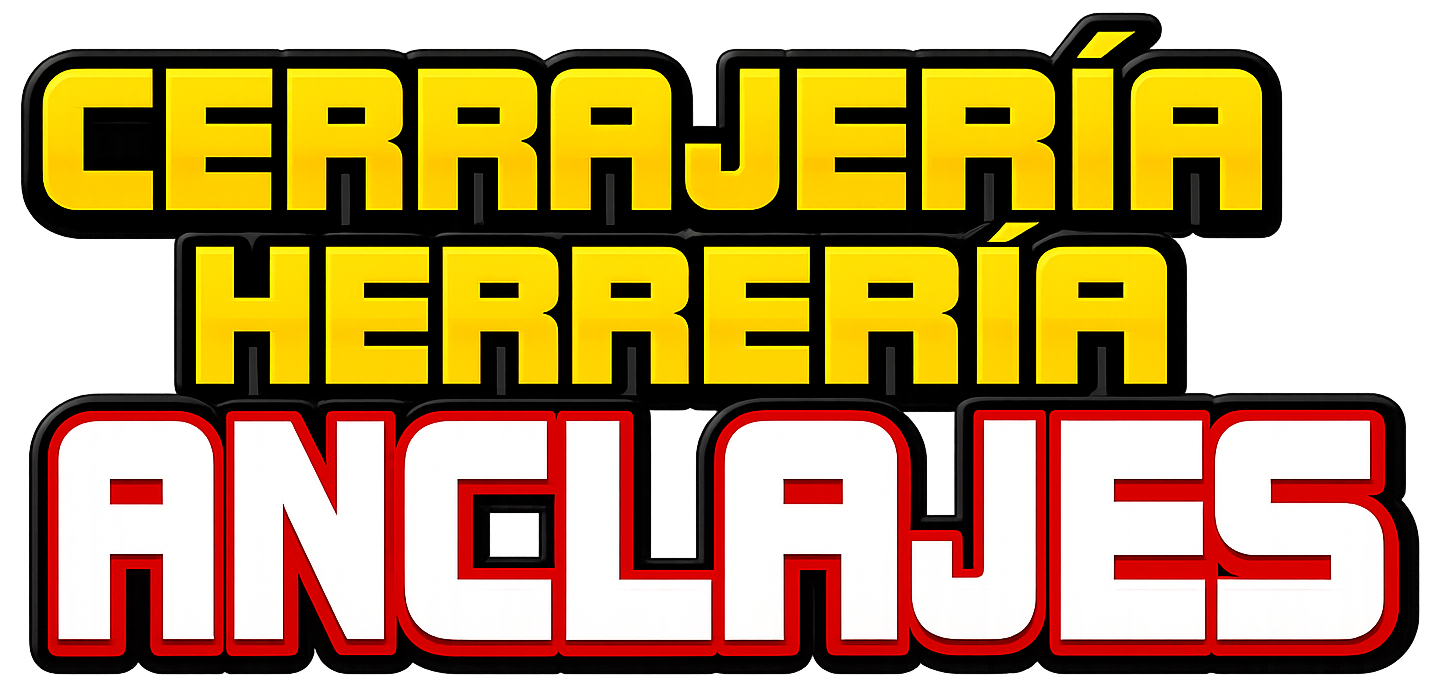 Logotipo con texto en negrita amarillo, negro y rojo que dice “CERRAJERÍA HERRERÍA ANCLAJES” sobre un fondo blanco.