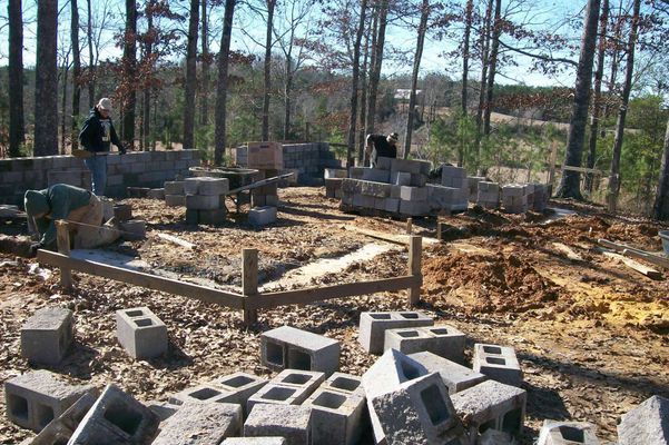 Construction site with cinder blocks.