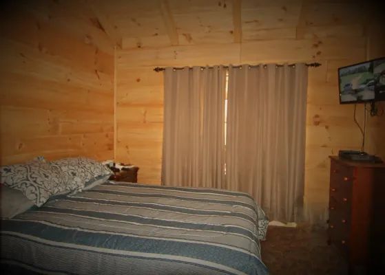 Bedroom with bed, striped bedding, curtains, TV, and wood-paneled walls.