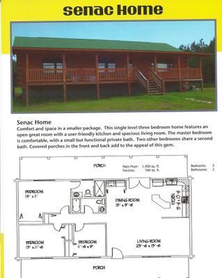 Log cabin home exterior and floor plan.