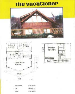 Log cabin floor plan, “The Vacationer”, featuring house exterior, main floor, and loft layouts with room dimensions.