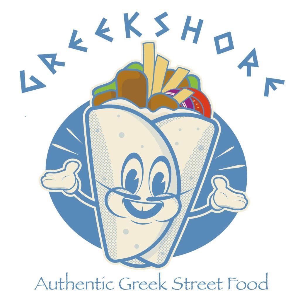 Greek food logo with smiling gyros wrap, blue circle, and “GRAIKOSHAK” text above and “Authentic Greek Street Food” below