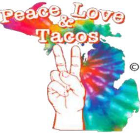 Peace, Love, Tacos text over a rainbow tie-dye background with a hand making a peace sign.