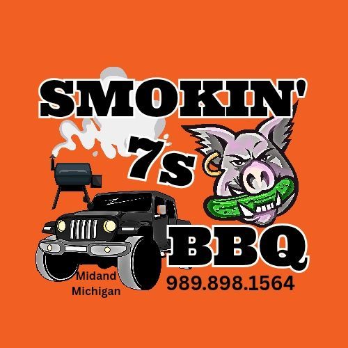Smoke’n 7’s BBQ logo on orange with pig, grill, Jeep, and phone number 989.898.1564