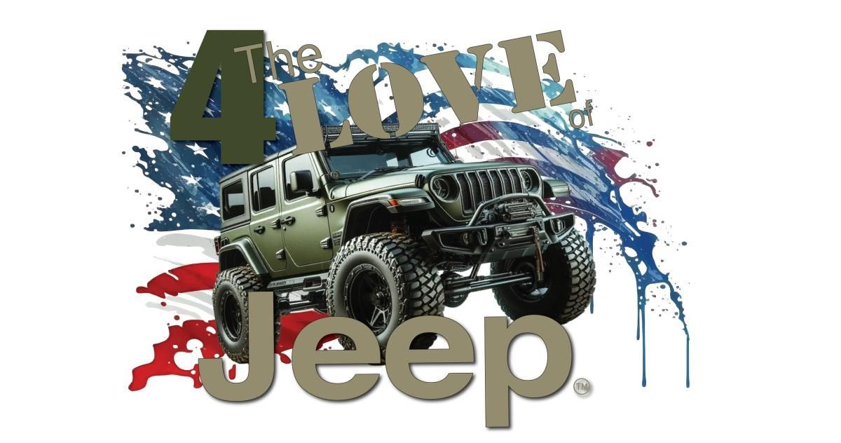 4x4 Jeep graphic with a rugged off-road vehicle over red, white, and blue paint splashes