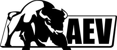 Black bull logo beside bold AEV lettering on a white background