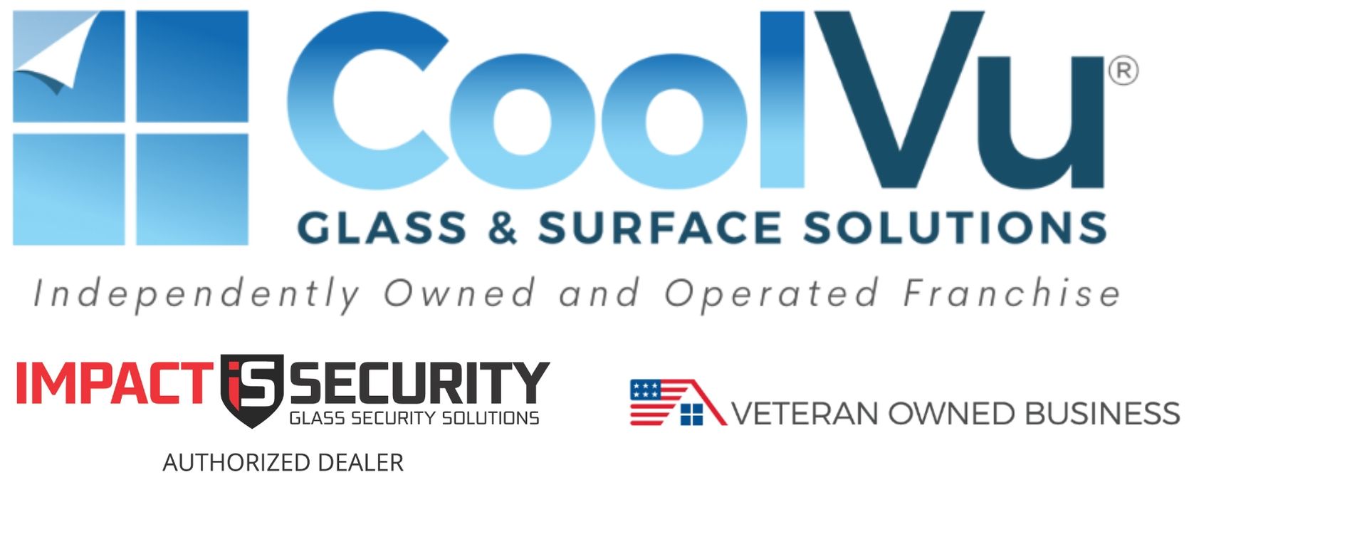 CoolVu, Impact Security, and Veteran Owned Business logos on a white background.