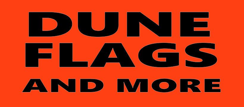 Black logo text on orange background reading “DUNE FLAGS AND MORE”