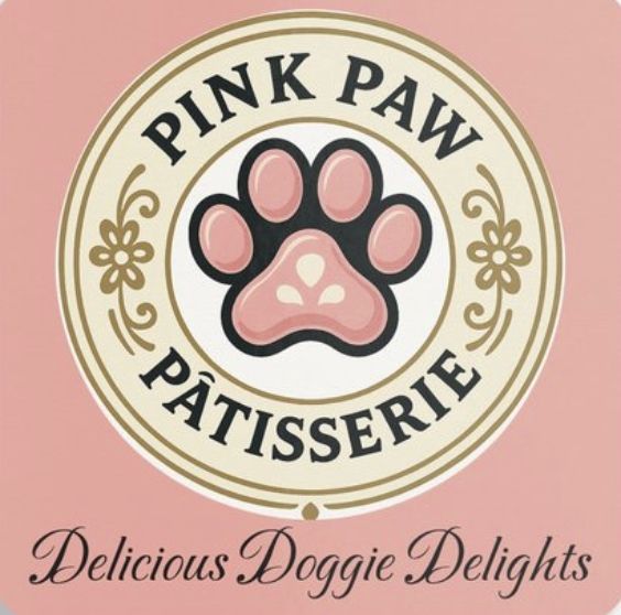 Pink Paw Patisserie logo with a pink paw print and the tagline “Delicious Doggie Delights”