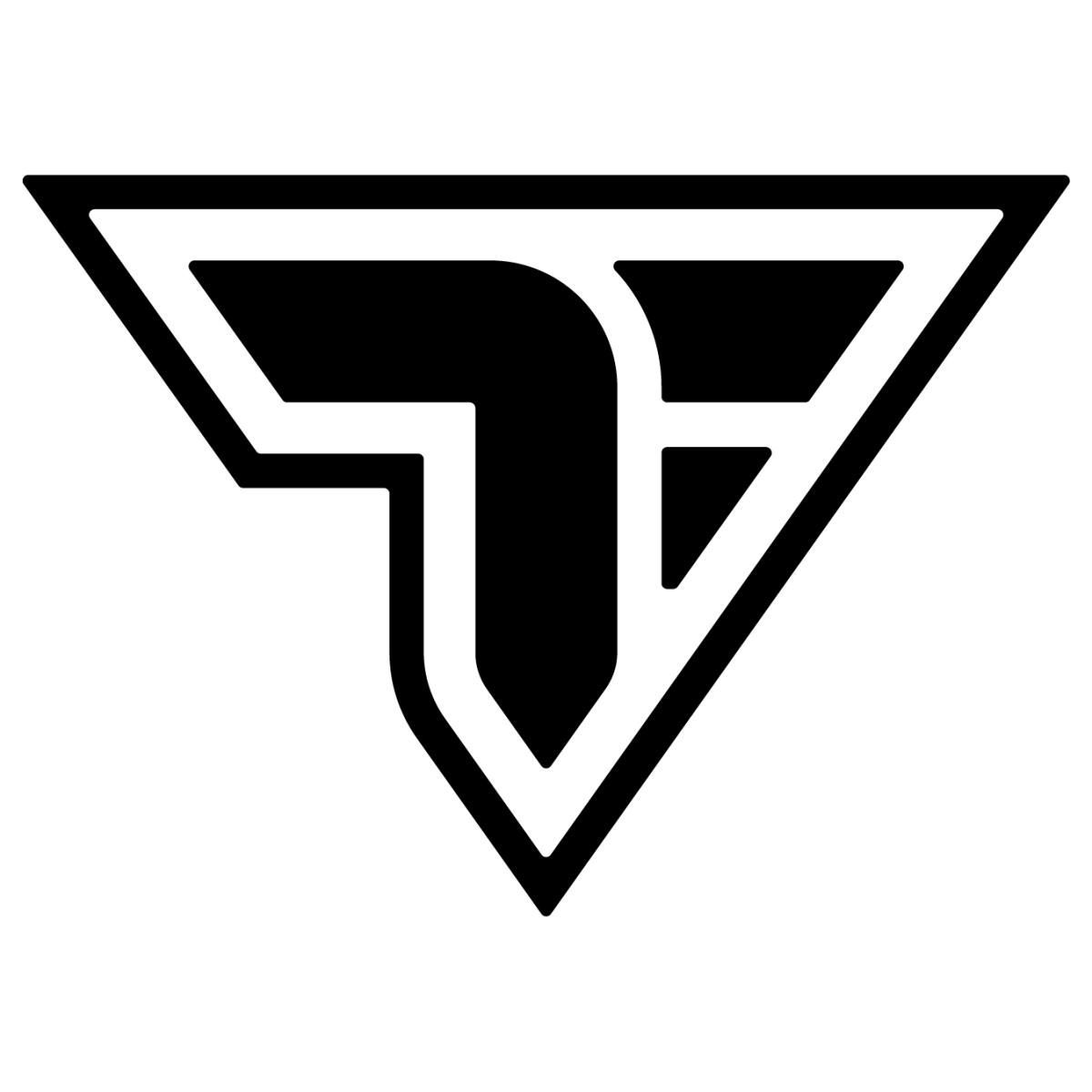 Black geometric triangular logo with a stylized letter T on a white background
