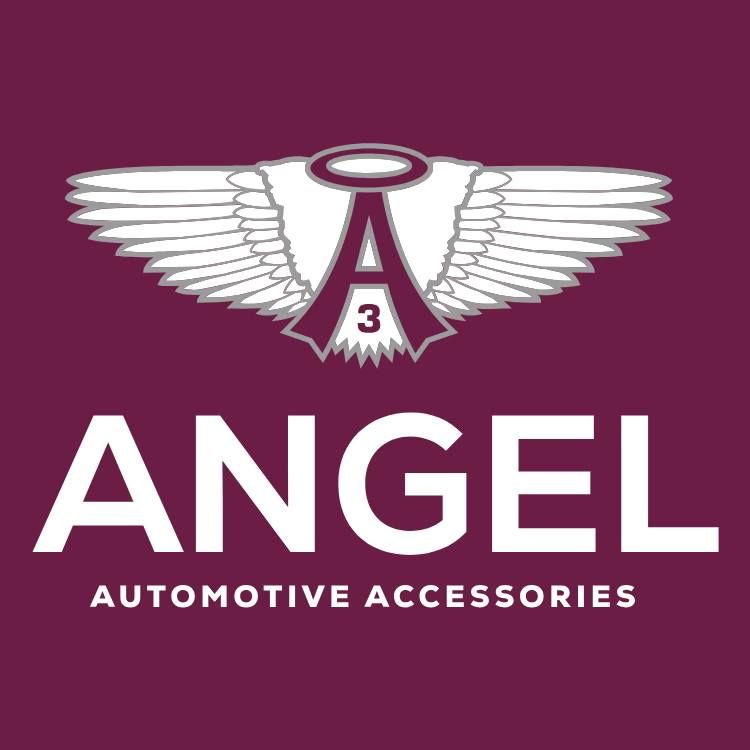 ANGEL Automotive Accessories logo with white winged emblem and maroon background