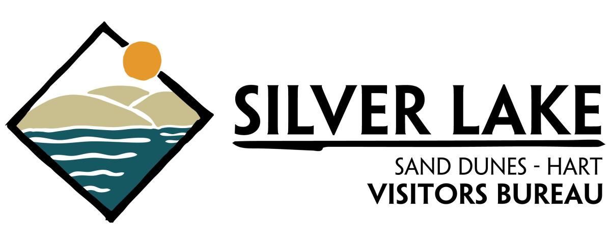 Silver Lake Sand Dunes-Hart Visitors Bureau logo with a lake, dunes, and orange sun icon