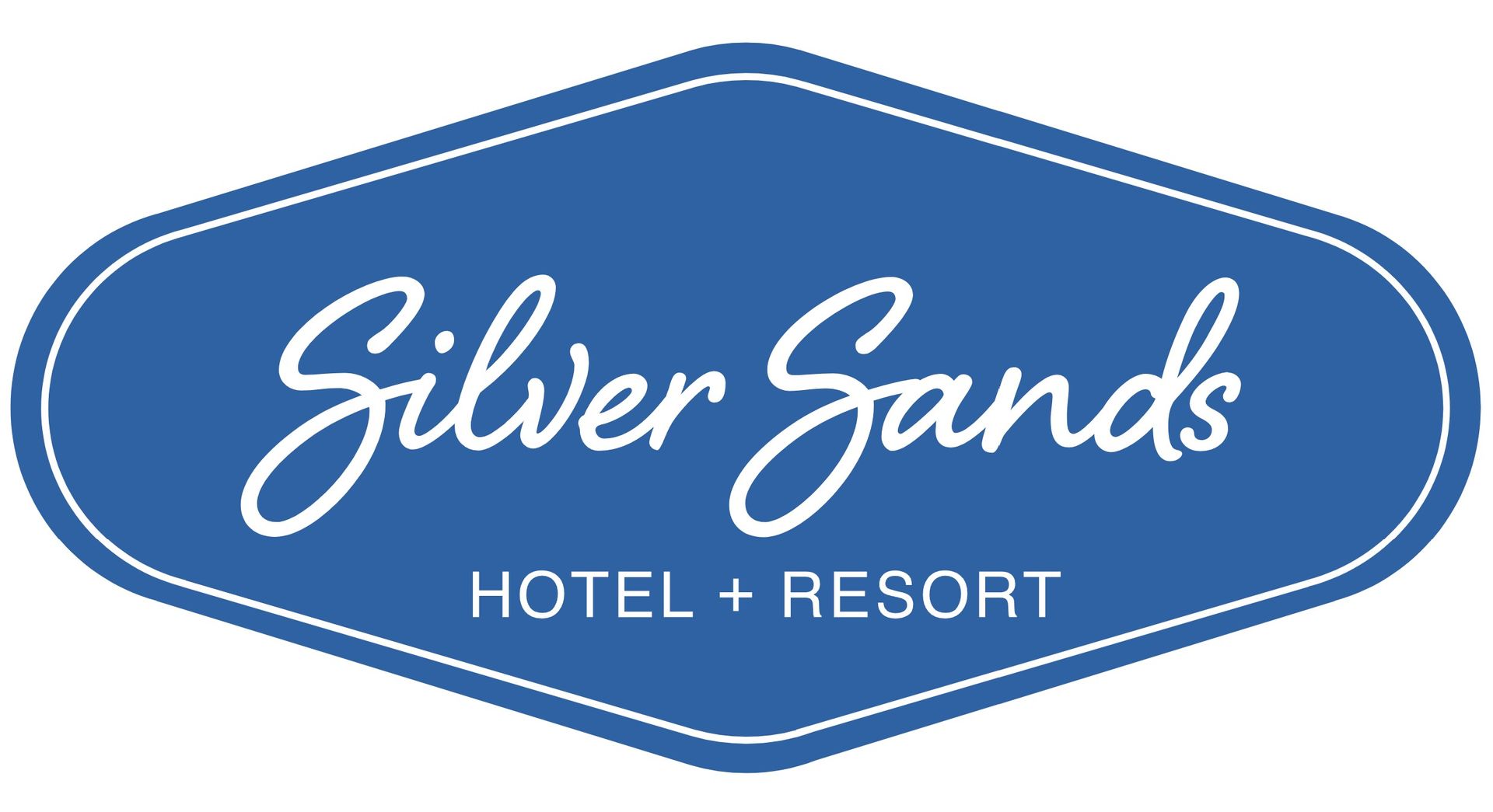 Silver Sands Hotel + Resort blue logo with white script text