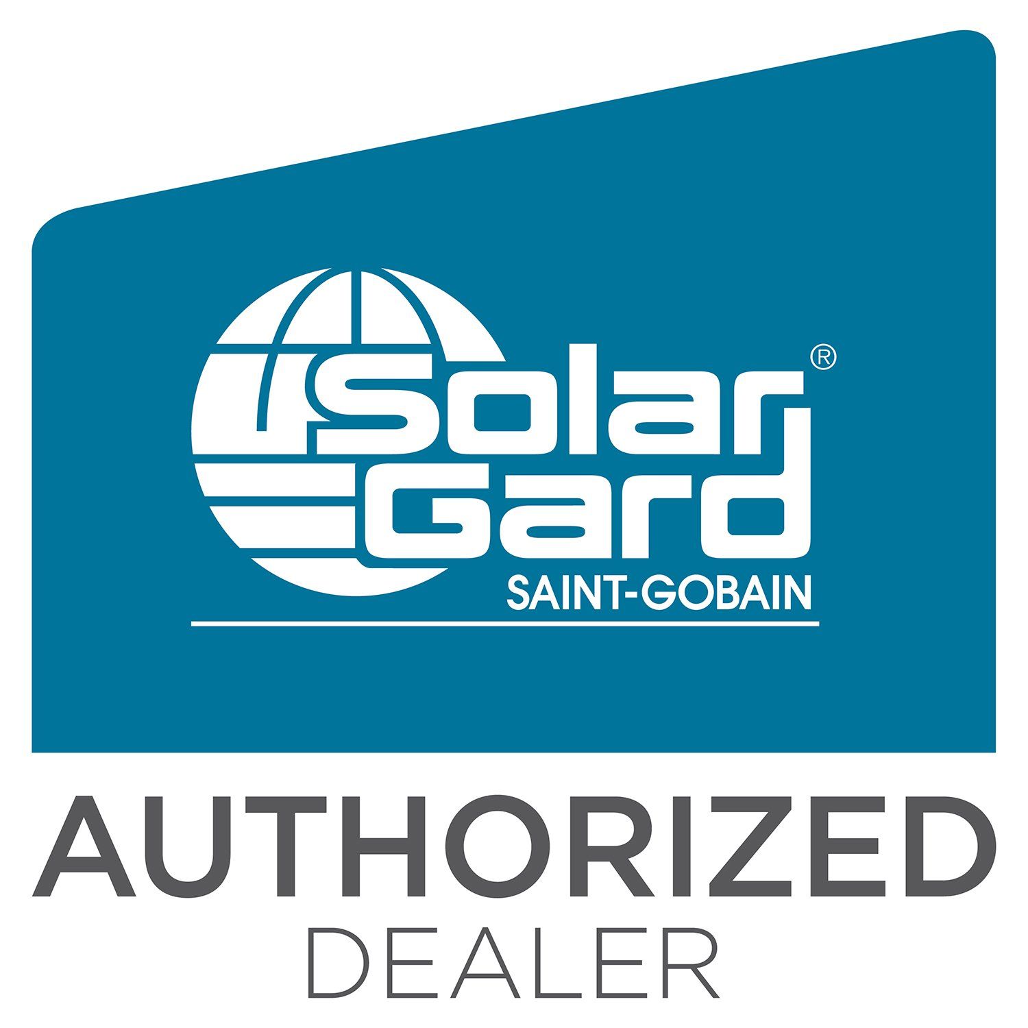 The solar gard saint-gobain authorized dealer logo is blue and white.