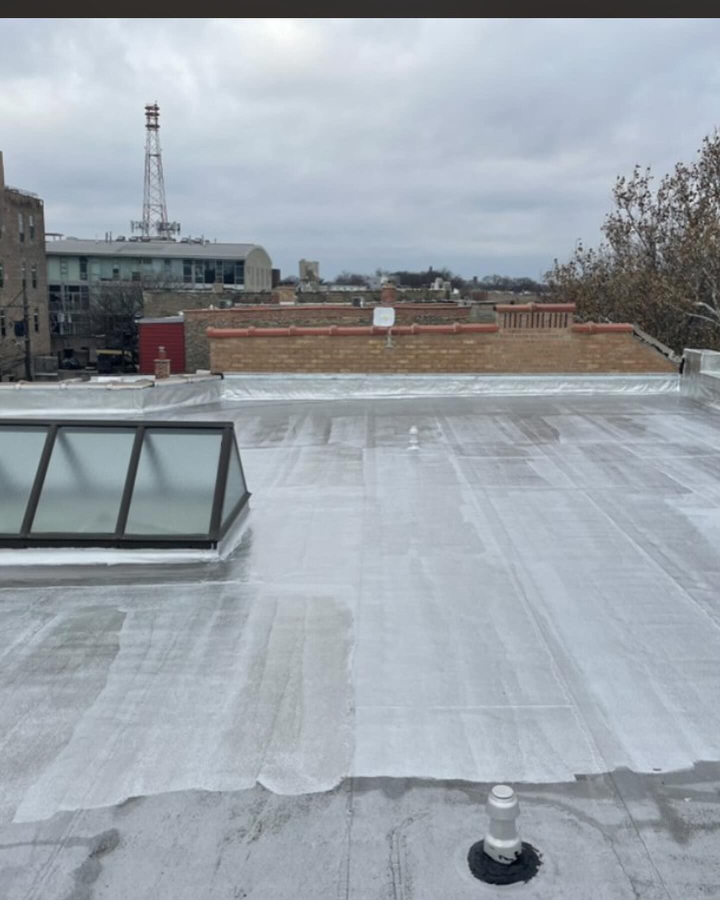 Rooftop with white coating, skylight, and city buildings under a cloudy sky.