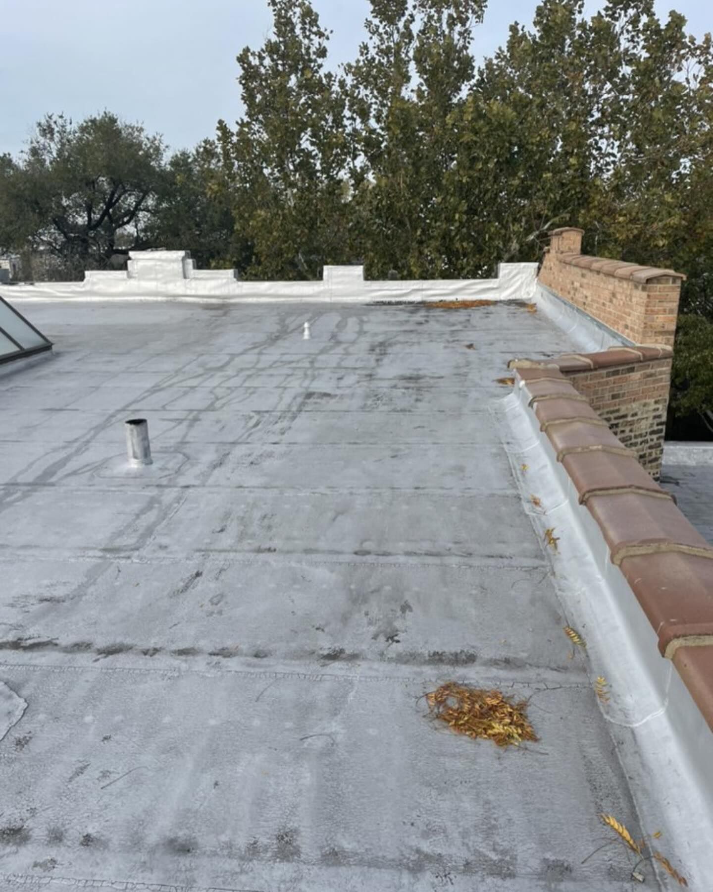 Flat gray rooftop with vents, white edging, and a brick parapet beside trees