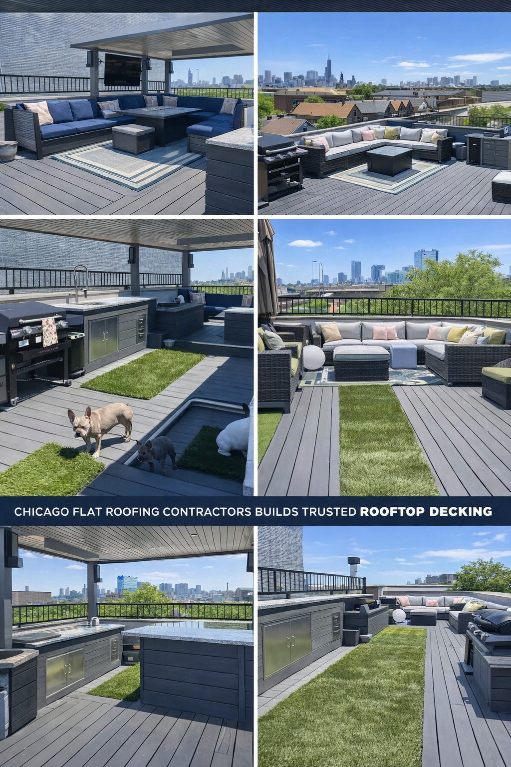 Collage of a gray composite rooftop deck with sectional seating, pergola, dog, and city views