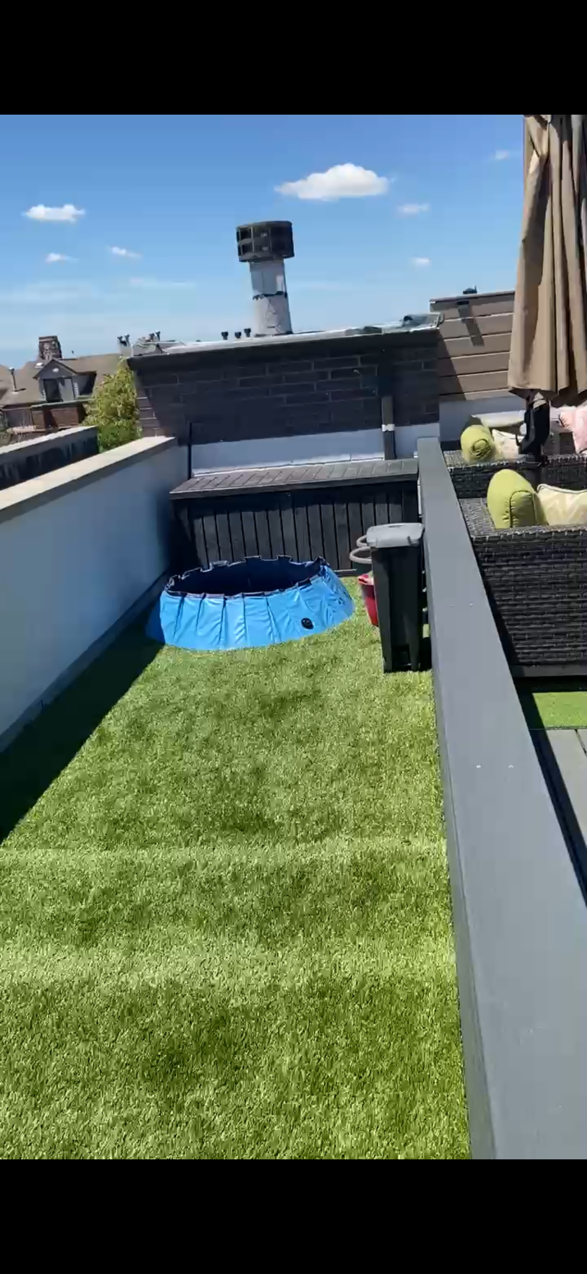 Narrow rooftop yard with artificial grass, a blue play structure, and city skyline in the background