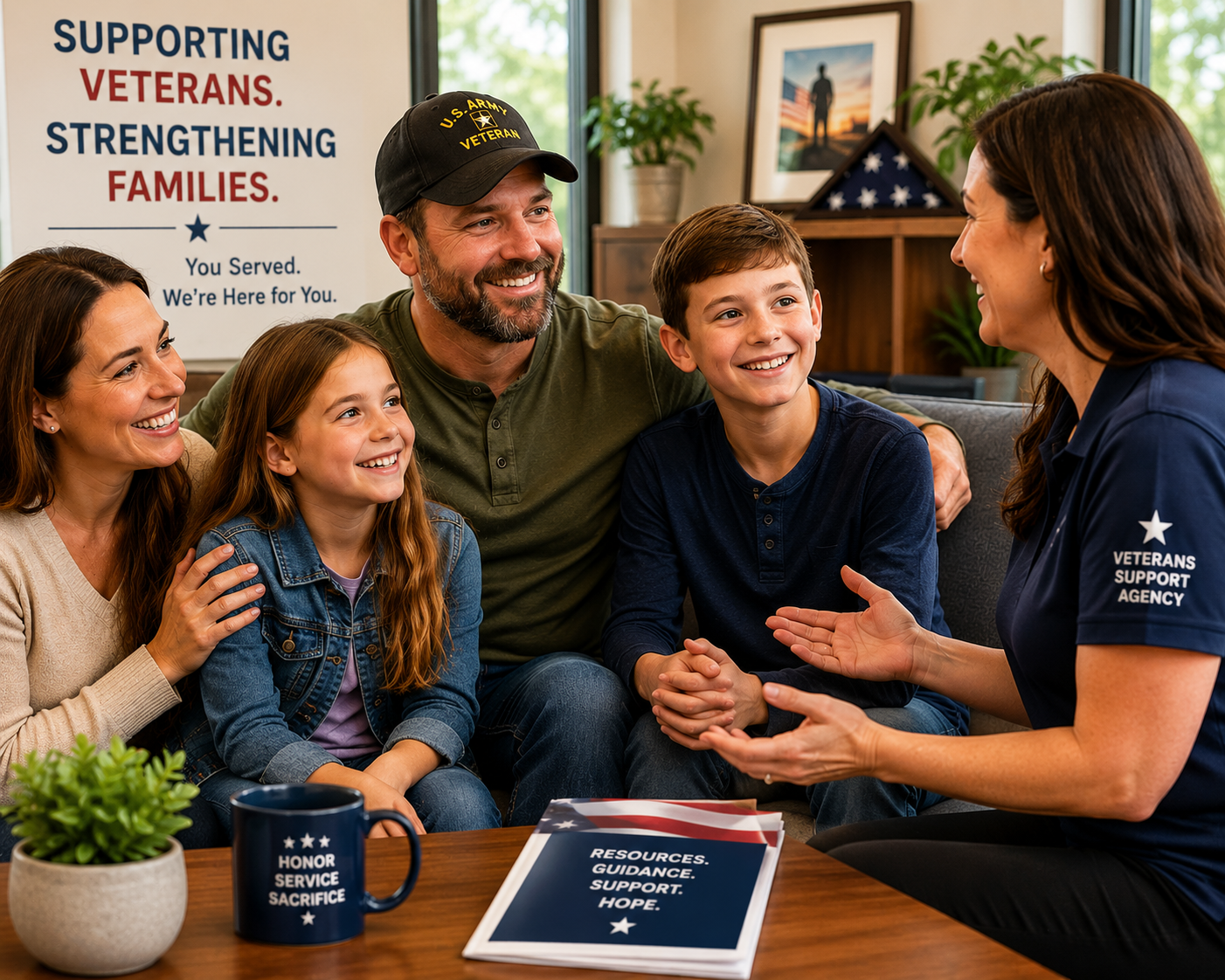 Veterans family talking with a woman from a support organization