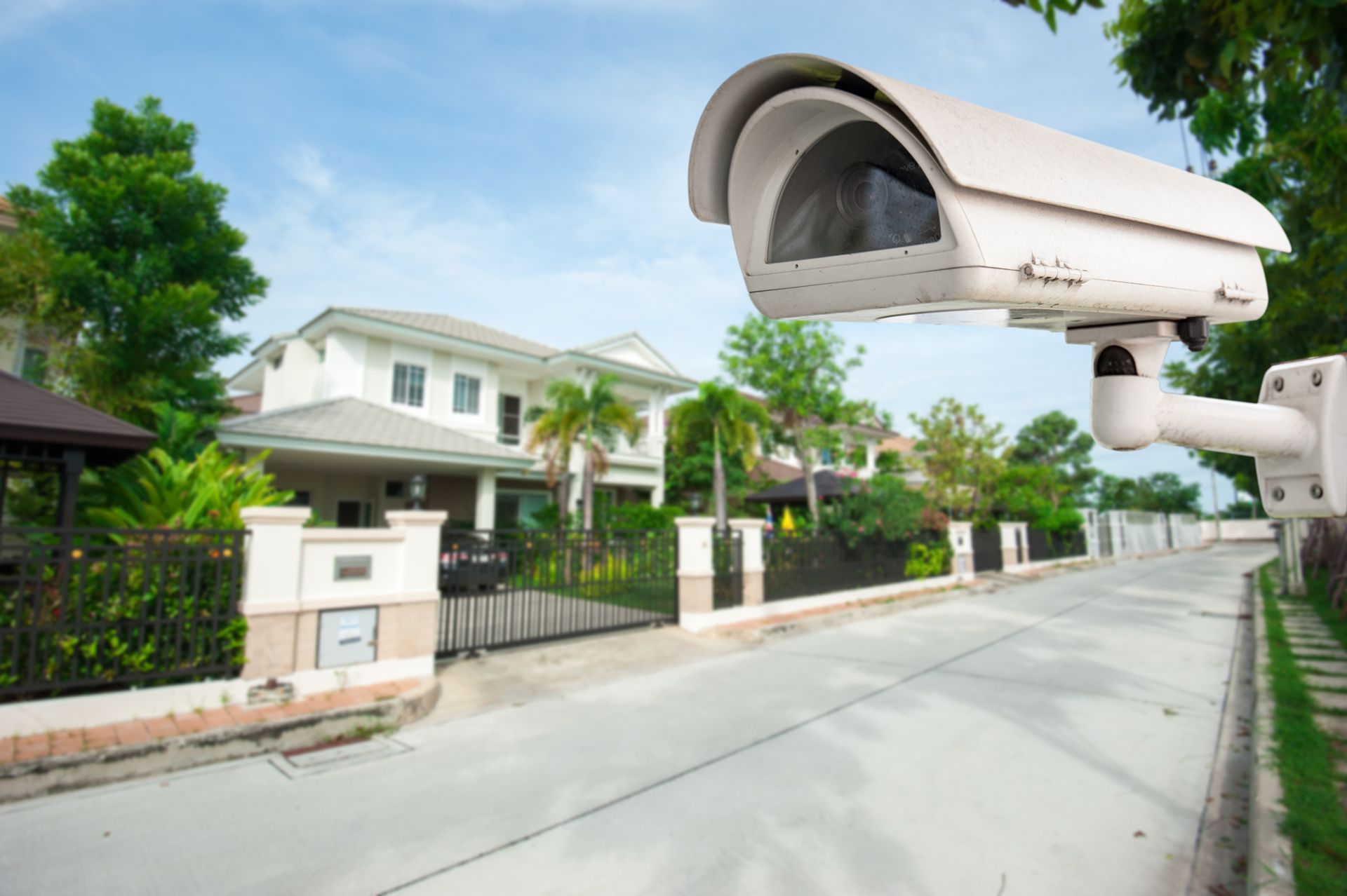 Security camera overlooking a residential street