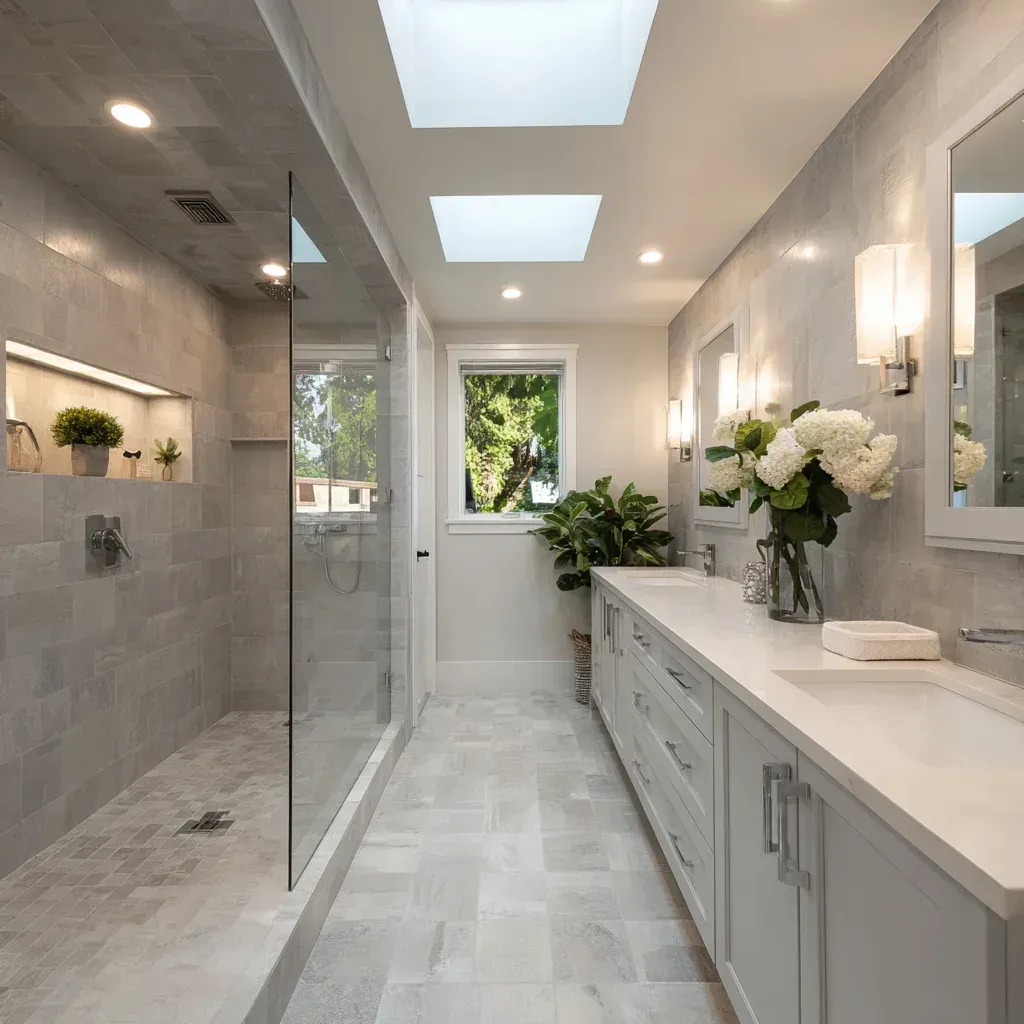 Bathroom renovations Vancouver BC featuring full demolition and rebuild with Schluter waterproofing system and large-format porcelain tile installation. Custom floating vanity with quartz countertop and matte black fixtures enhances modern aesthetics. Completed by licensed and insured Vancouver bathroom renovation contractors.
Vancouver bathroom remodeling project including frameless glass walk-in shower and linear drain system for proper slope and drainage. Heated tile flooring installed over waterproof underlayment improves comfort and durability. Built in compliance with BC Building Code and municipal permit requirements.
Luxury bathroom renovation Vancouver showcasing freestanding soaker tub and double vanity with engineered stone countertop. LED recessed lighting and anti-fog mirror upgrade improve daily usability. Delivered by certified Metro Vancouver bathroom remodeling specialists.
Small bathroom remodel Vancouver condo with space-saving wall-mounted vanity and corner glass shower enclosure. Waterproof vinyl plank flooring protects against moisture in high-humidity environments. Ideal for strata-approved Lower Mainland bathroom renovations.
Contemporary bathroom renovation Vancouver BC featuring rainfall shower head and custom tile niche storage. Porcelain slab shower walls reduce grout maintenance. Installed by experienced Vancouver bathroom renovation professionals.