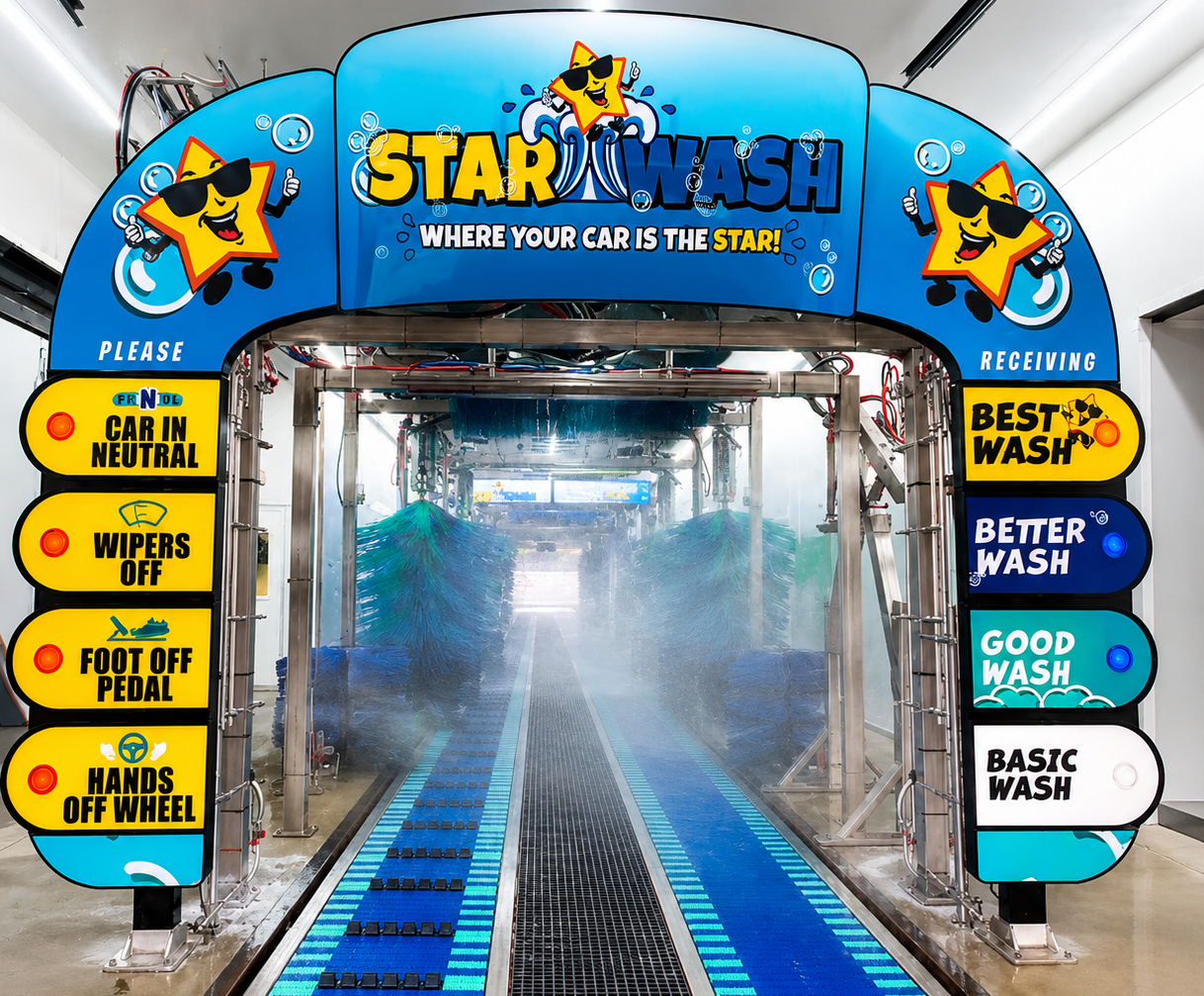 Blue Star Wash car wash entrance with foam spraying and colorful service signs on both sides