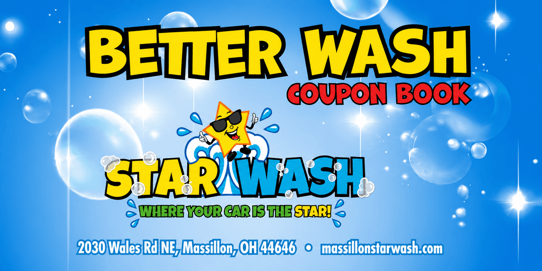 Blue Better Wash coupon book ad with bubbles and a Star Wash logo on a sunny sky background