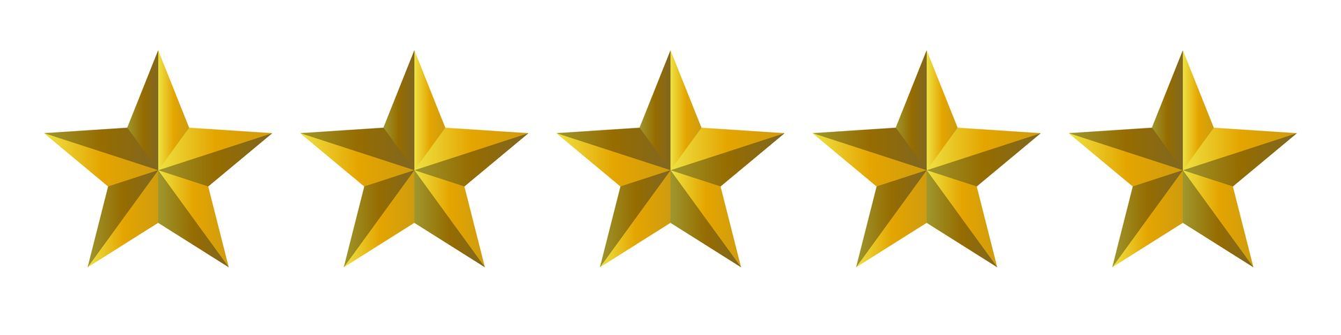 Five gold stars are lined up in a row on a white background. Five gold stars are lined up in a row on a white background.