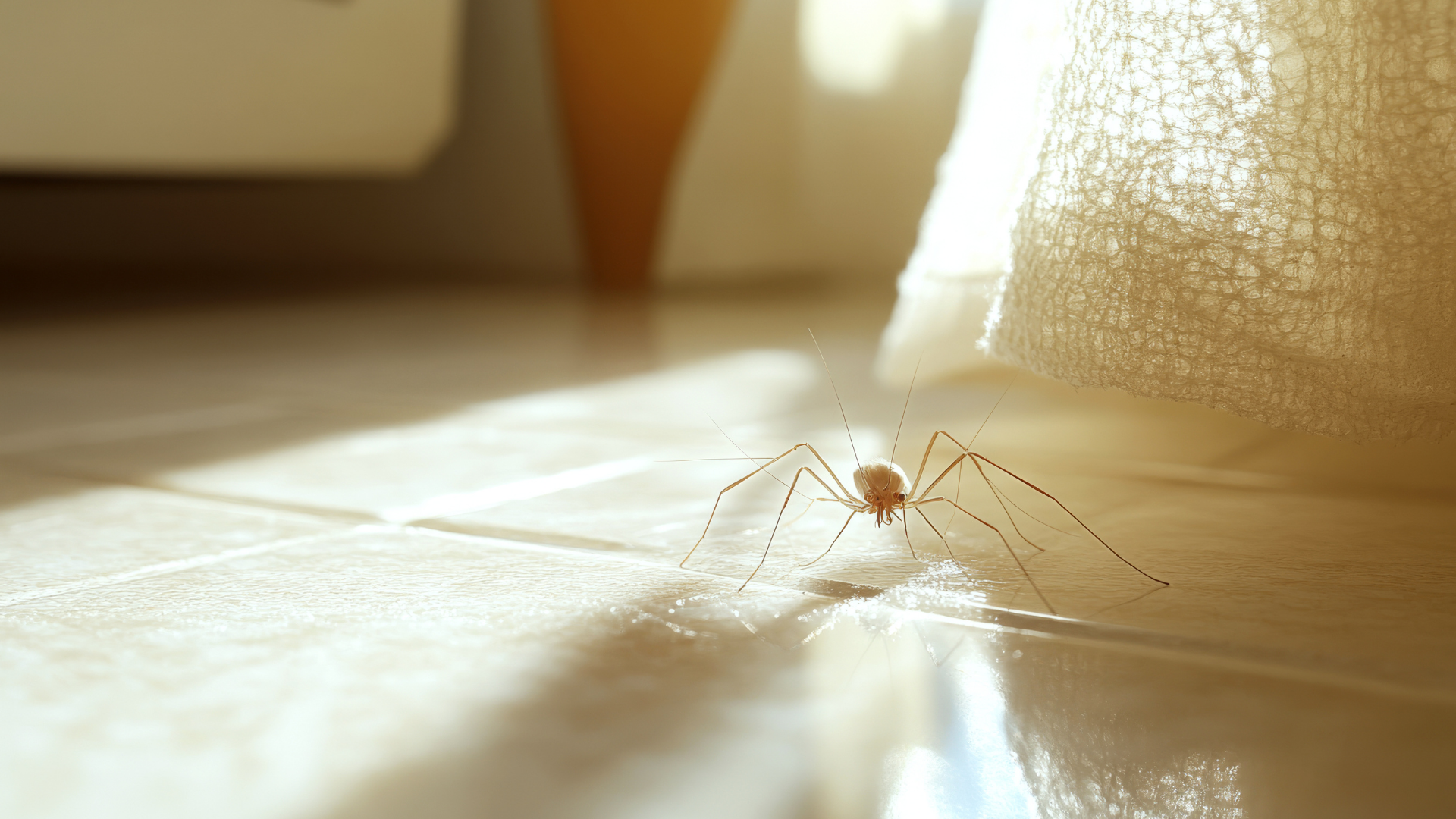 A cellar spider stands on a light-colored, tiled floor near a draped fabric in warm sunlight.