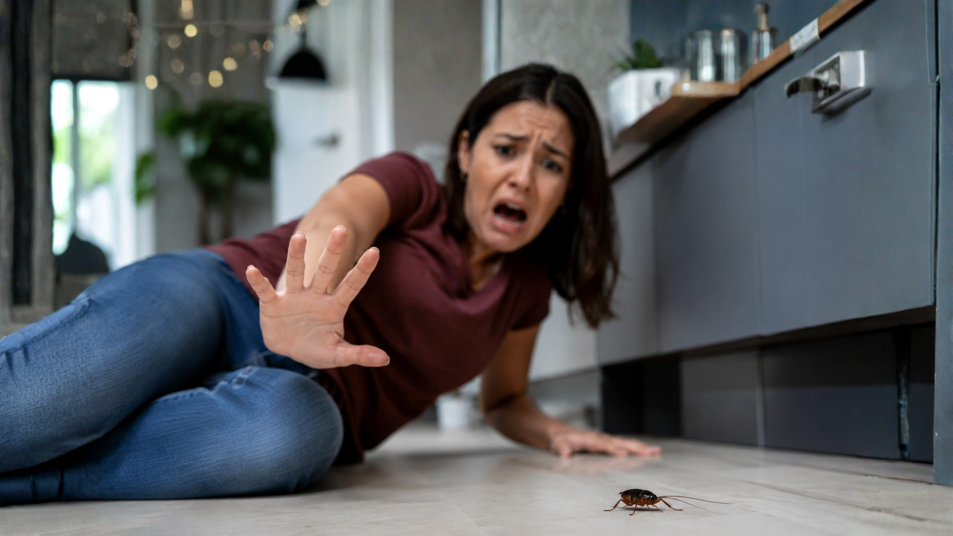 Woman on kitchen floor recoiling in fear from a cockroach near the cabinet.