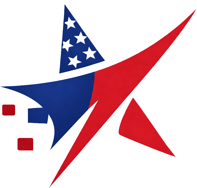 Stylized blue and red patriotic logo with star-spangled triangle and sweeping red stripe