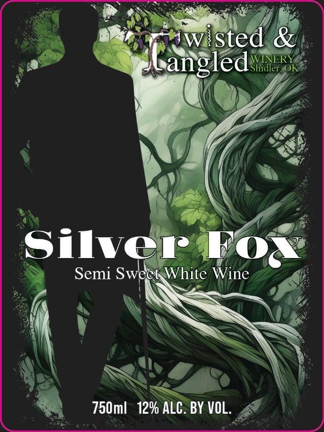 A label for twisted and tangled silver fox semi sweet white wine