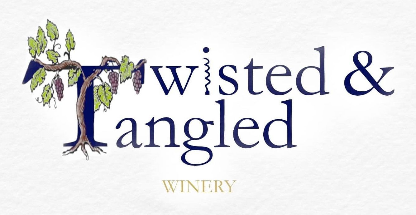 A logo for twisted and tangled winery with a tree and grapes
