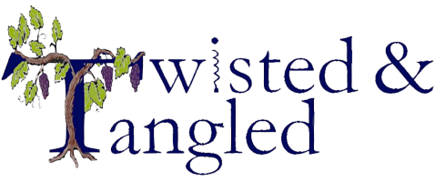 A logo for twisted and tangled winery with a tree and grapes