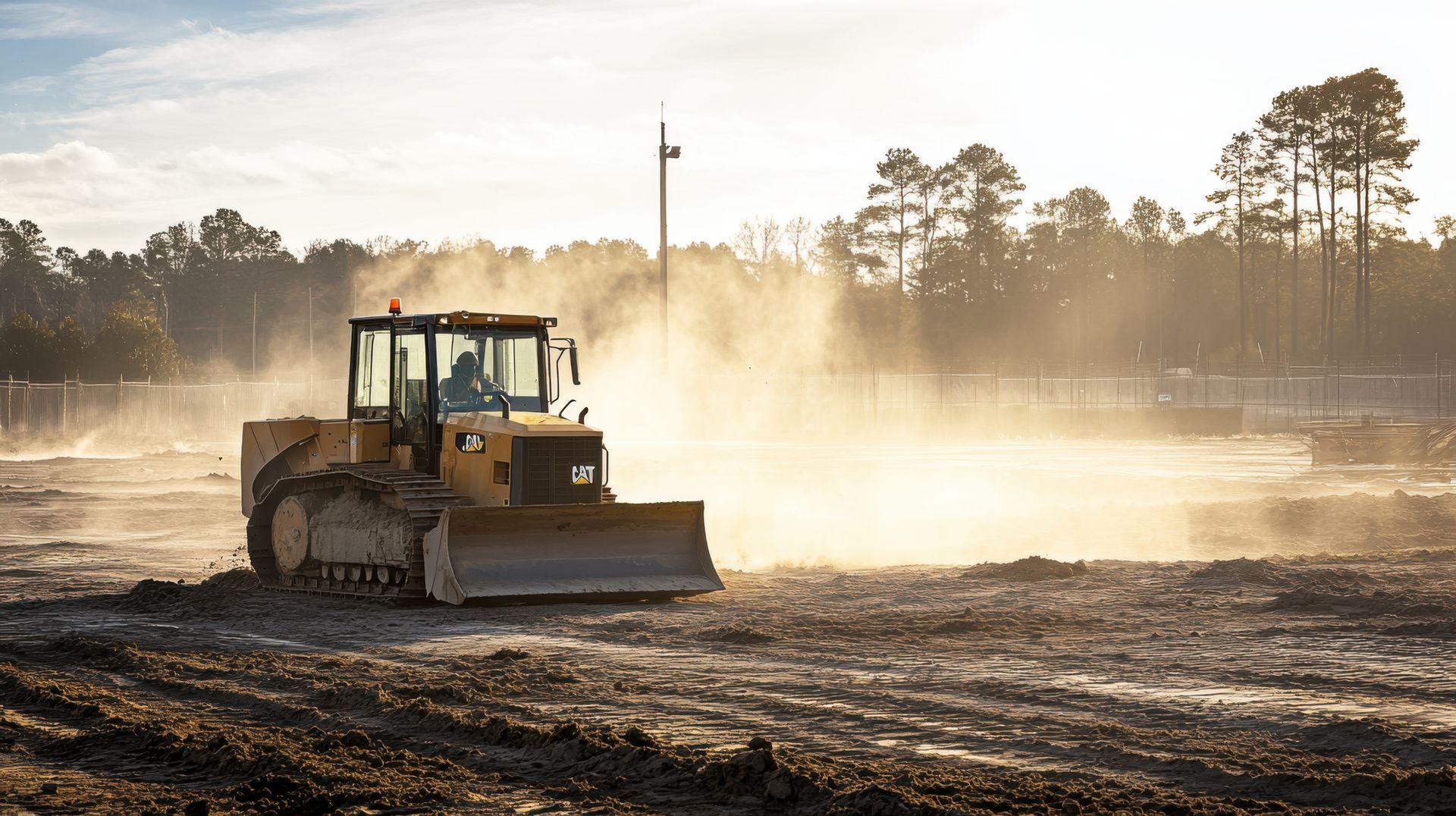Bulldozer grading a dusty construction site at sunrise with trees in the background. Bulldozer grading a dusty construction site at sunrise with trees in the background.