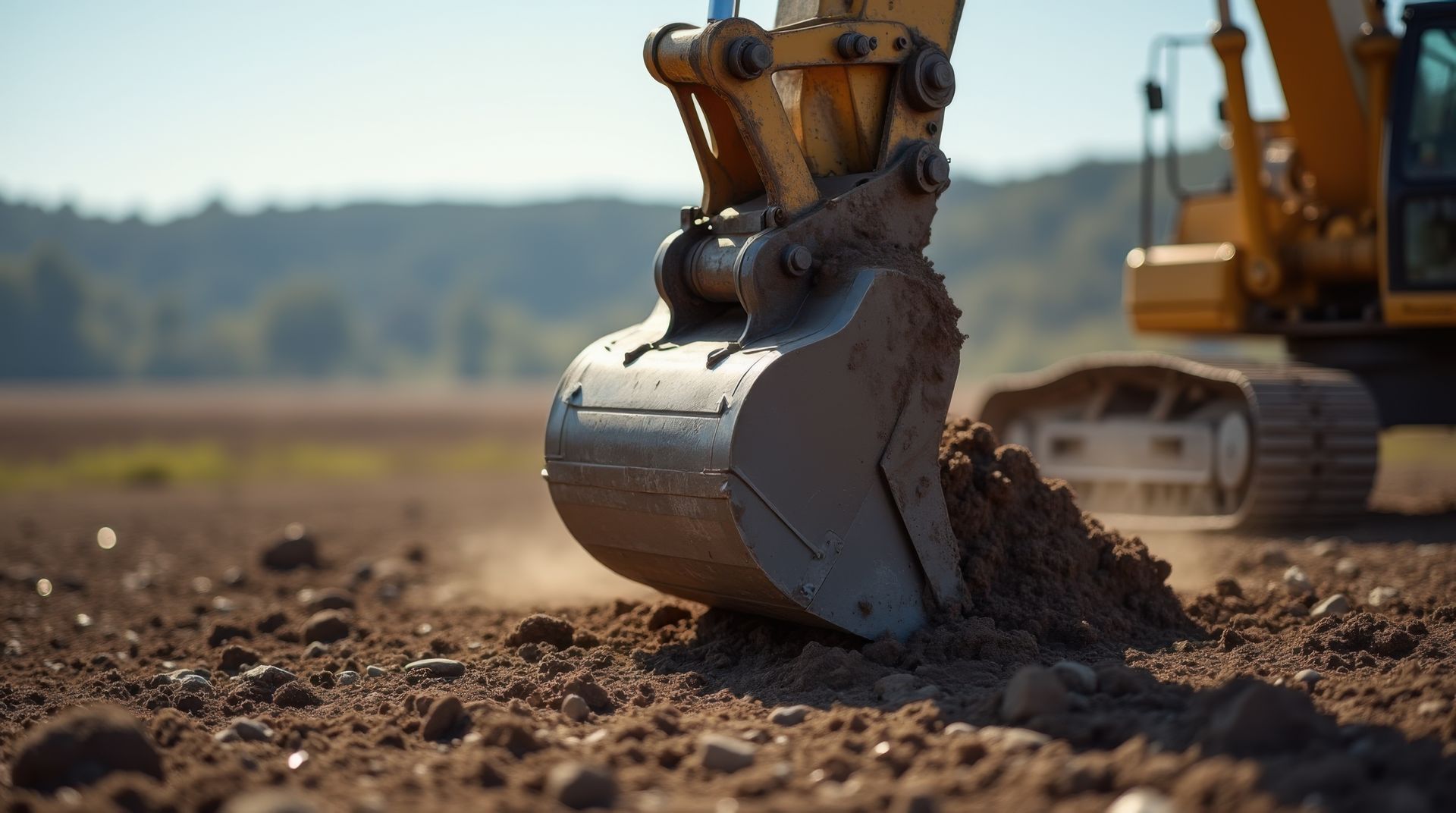 Excavator bucket digging into soil on a construction site with blurred machinery behind.