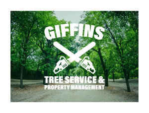 Giffins Tree Service & Property Management logo over a forest path; crossed chainsaws and text on a green background.