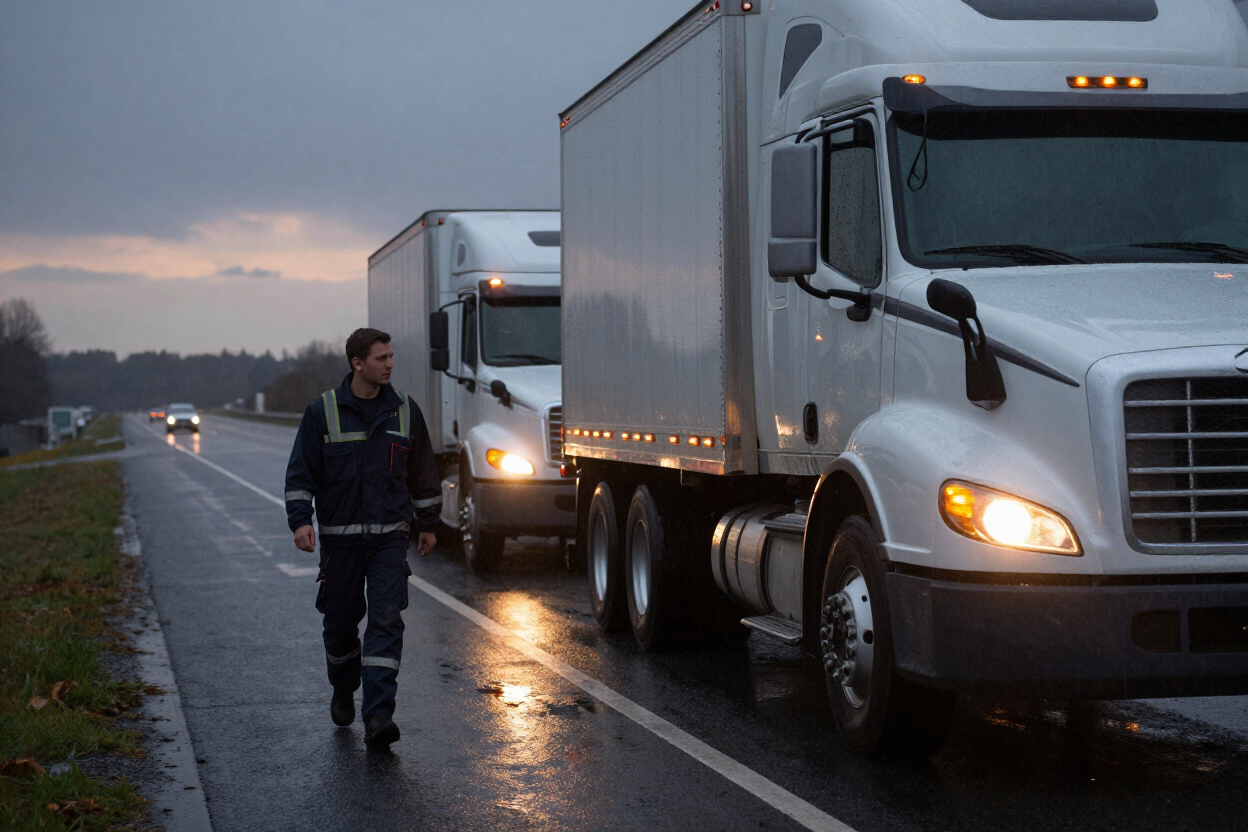 Semi truck on highway shoulder with service truck and technician