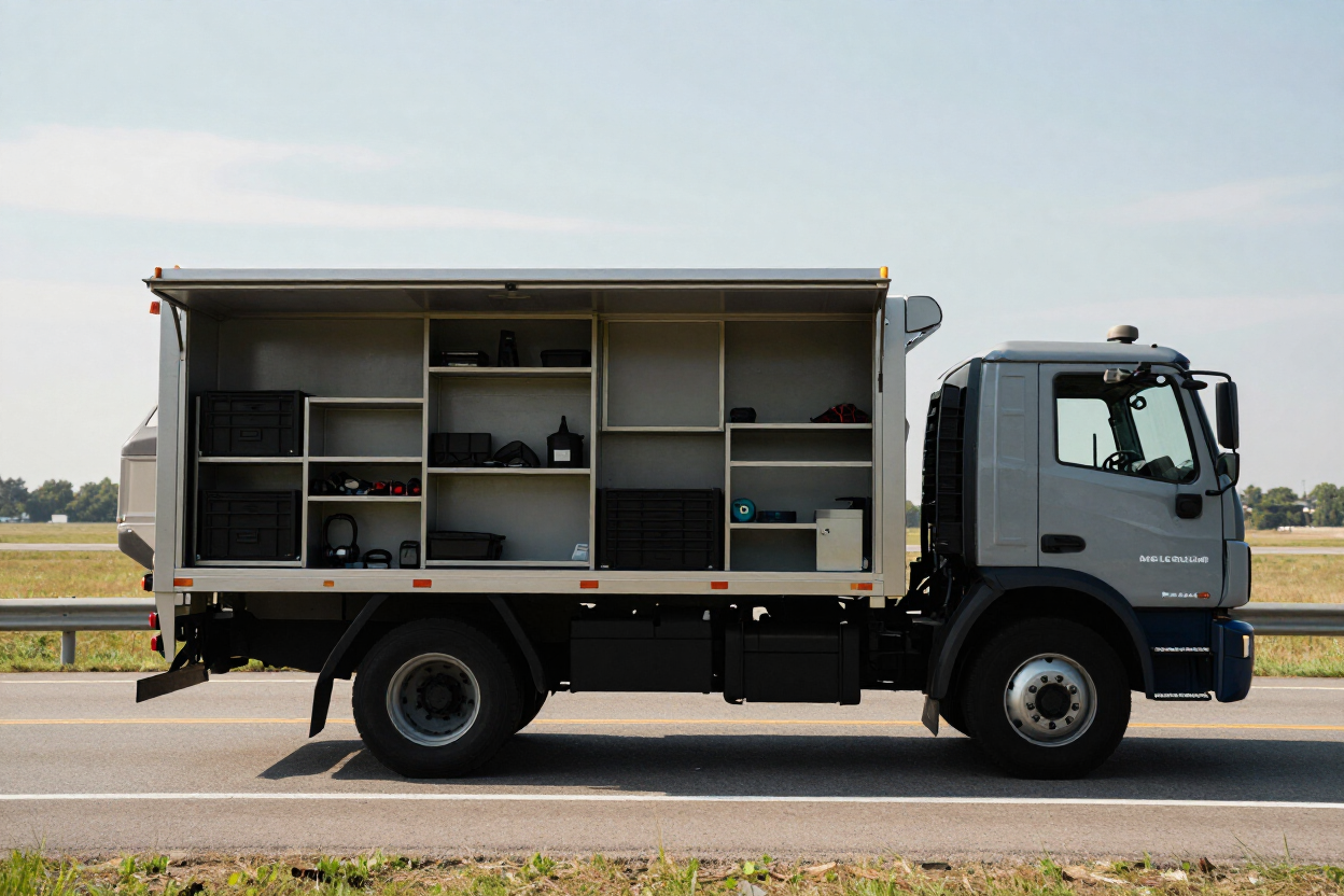Mobile service truck with panels open showing tools and equipment