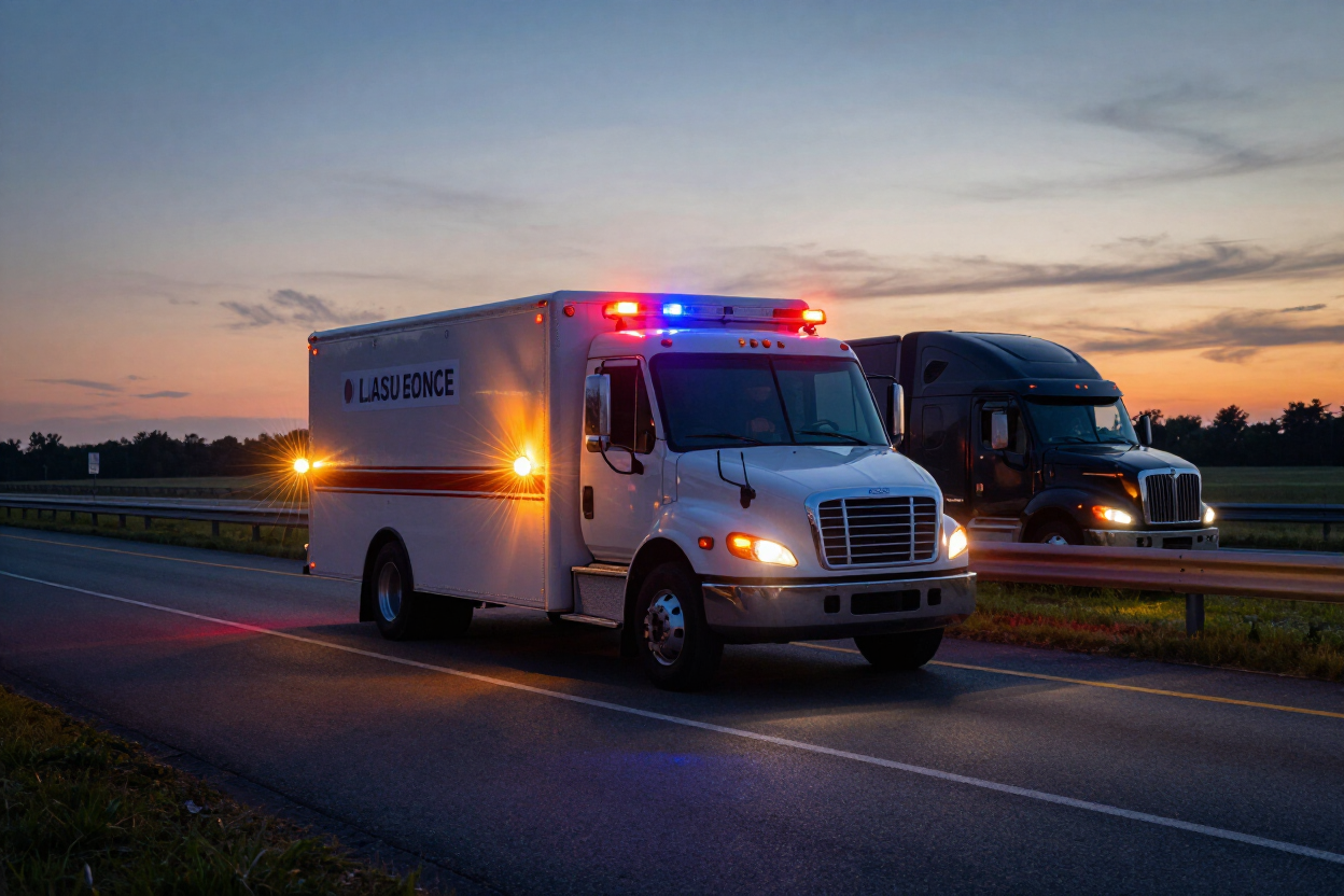 Mobile service truck on highway shoulder at dusk with amber road flares