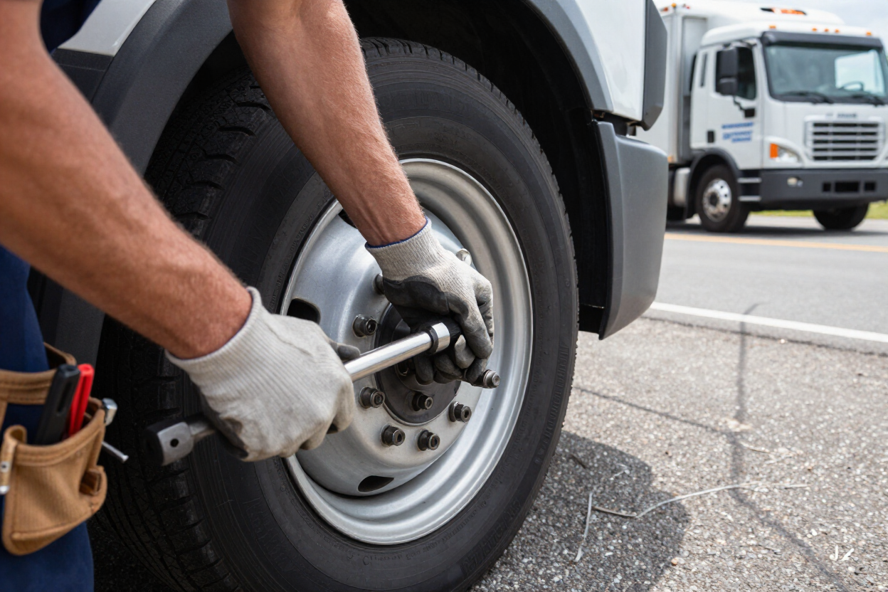 Technician torquing lug nuts on semi truck wheel beside highway
