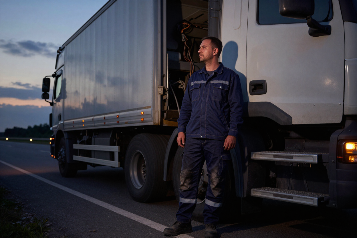 Technician beside service truck on highway at dusk