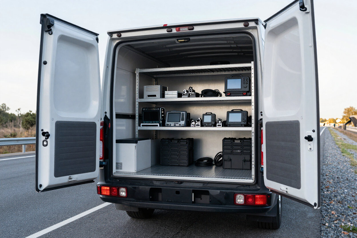 Service truck with open rear compartment showing tools and equipment